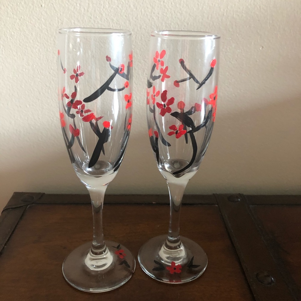 Hand-painted Cherry Blossom Champagne Flutes